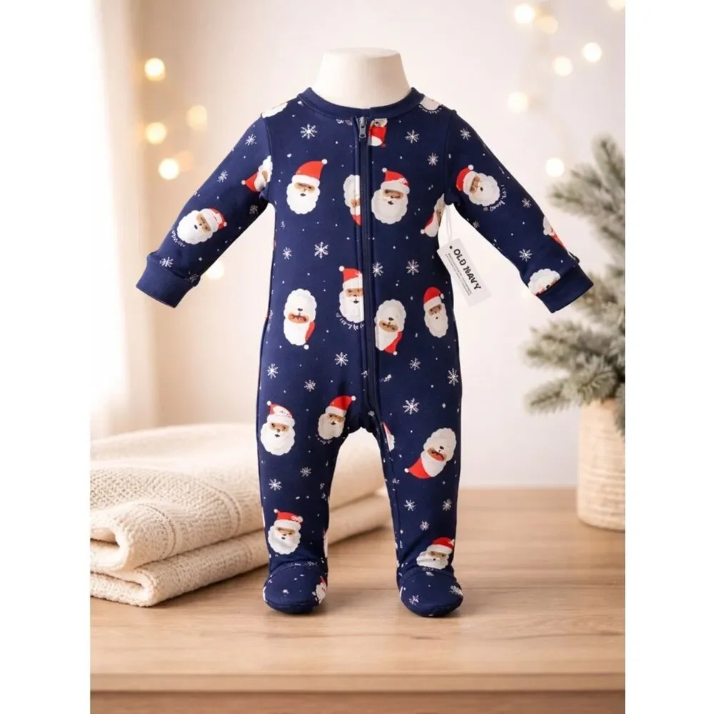 NWT Old Navy Unisex Blue Holiday Christmas Pajamas Dark Face Santa - Size 3-6M